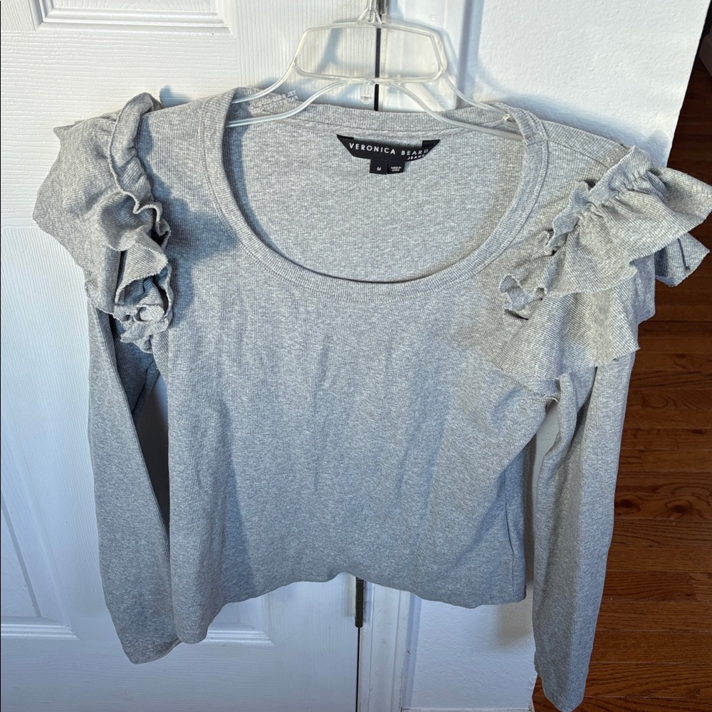 Veronica Beard Top Avedon Ruffle Rib Knit Long Sleeve Grey Chic